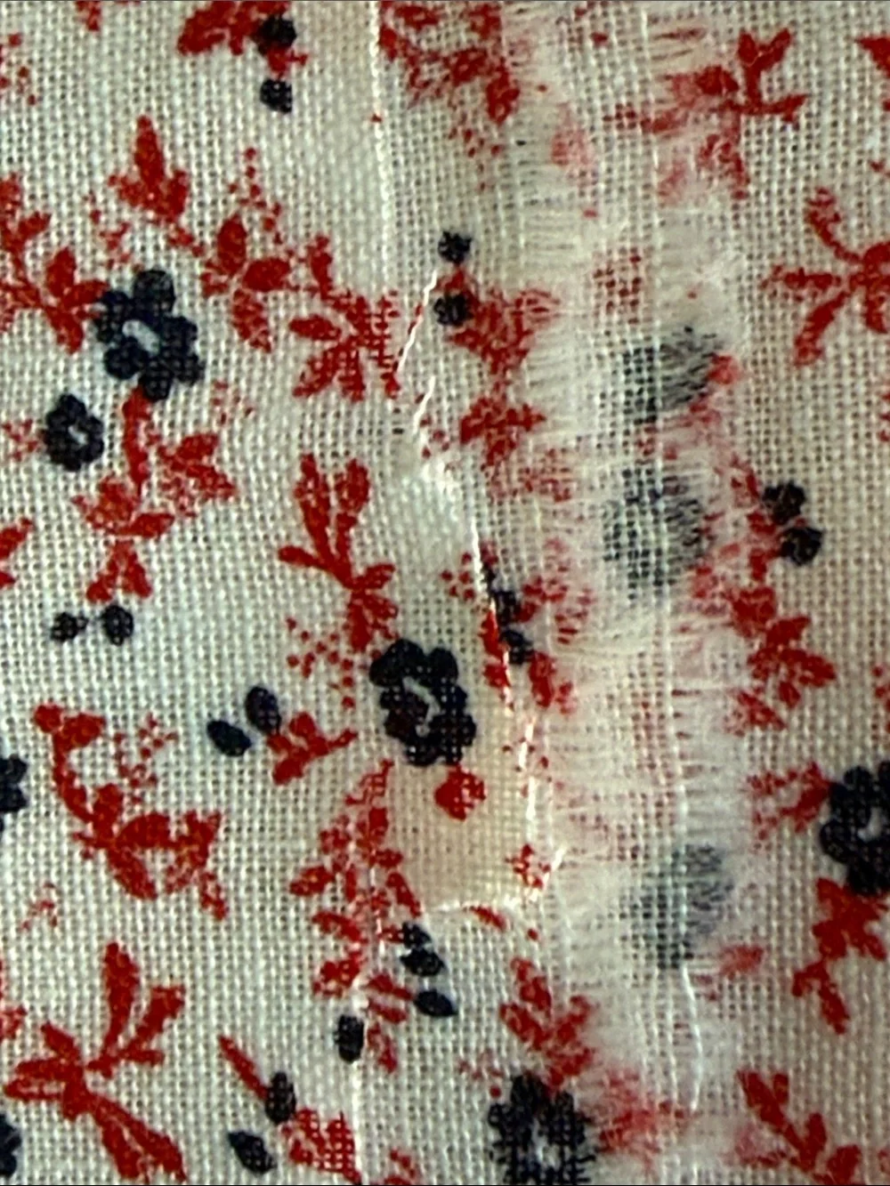 Vintage 1970s Calico Fabric 3 Yards Red Navy Floral Cream Cotton Blend 44”